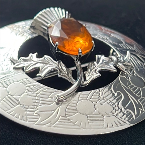 Scottish Large Plaid Brooch Thistle  Silver Tone Orange Stone Brooch Mizpah - Picture 4 of 7
